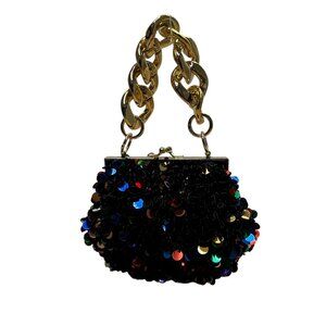 Black Sequin Chain Handle Purse Party Evening Bag With Gold-Tone Accents Small